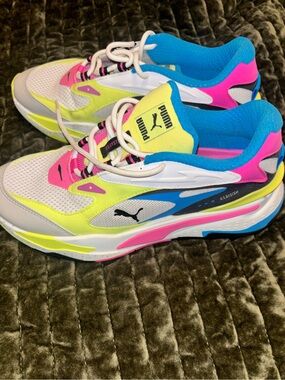 Puma White Neon Yellow Pink Blue Tennis Shoes / Grade School size 6